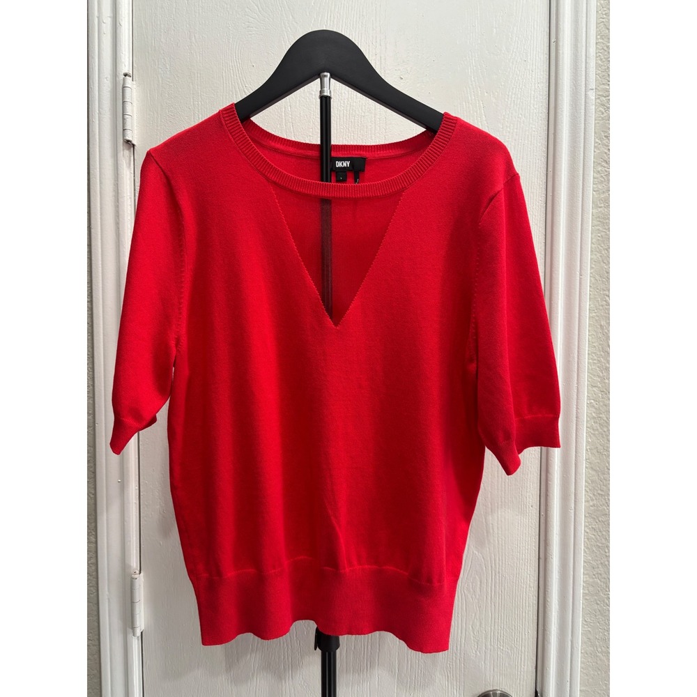 DKNY Womens Red Short Sleeve Mesh V-Insert Knit Sweater Top Size L 0033